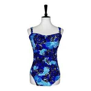 Robby Len One Piece Swimsuit Shirred Waist Slimming Blue Paisley Women’s Size 14